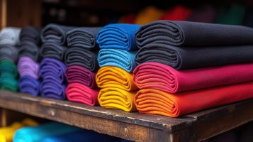 Neatly stacked colorful rolled t-shirts on wooden shelf.